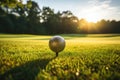 Golf ball on tee at sunrise on a lush green course Royalty Free Stock Photo