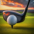 Golf ball teed up and ready for a precise swing with iron club.close-up view Royalty Free Stock Photo