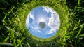 Golf ball viewed from the hole\'s perspective, encircled by grass against a blue sky.