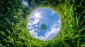 Golf ball viewed from the hole\'s perspective, encircled by grass against a blue sky. Royalty Free Stock Photo