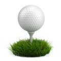 Golf ball on white tee and green grass isolated on white Royalty Free Stock Photo