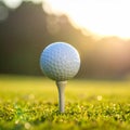 Golf ball on a white tee in green grass with soft sunlight and bokeh golf tee Royalty Free Stock Photo