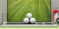 Golf balls on a computer laptop screen, office desk background. 3d illustration