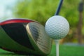 Golf balls on the golf course with golf clubs ready for golf in the first short. Royalty Free Stock Photo