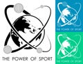 Golf balls revolve around planet earth in form of atom. Power and energy of sport. Sport competition emblem. Vector