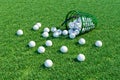 Golf balls scattered of field near basket. 3d Royalty Free Stock Photo