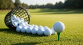 Golf balls spilled from a basket onto a golf course with a tee Royalty Free Stock Photo