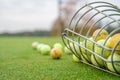 Golf balls and sticks on green golf course Royalty Free Stock Photo