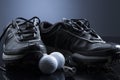 Golf balls, tees and shoes on dark blue background. Royalty Free Stock Photo