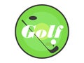 Golf banner with golf club, ball and hole on green field. Round golf banner in minimalist style isolated on white background. Royalty Free Stock Photo