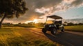 A Golf car, Golf cart car in fairway of golf course with fresh green grass field and cloud sky and tree at sunset. Generative Ai Royalty Free Stock Photo