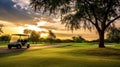 A Golf car, Golf cart car in fairway of golf course with fresh green grass field and cloud sky and tree at sunset. Generative Ai Royalty Free Stock Photo