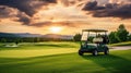 A Golf car, Golf cart car in fairway of golf course with fresh green grass field and cloud sky and tree at sunset. Generative Ai Royalty Free Stock Photo