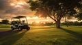 A Golf car, Golf cart car in fairway of golf course with fresh green grass field and cloud sky and tree at sunset. Generative Ai Royalty Free Stock Photo