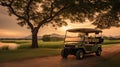 A Golf car, Golf cart car in fairway of golf course with fresh green grass field and cloud sky and tree at sunset. Generative Ai Royalty Free Stock Photo