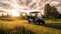 A Golf car, Golf cart car in fairway of golf course with fresh green grass field and cloud sky and tree at sunset. Generative Ai Royalty Free Stock Photo