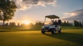 A Golf car, Golf cart car in fairway of golf course with fresh green grass field and cloud sky and tree at sunset. Generative Ai Royalty Free Stock Photo