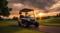 A Golf car, Golf cart car in fairway of golf course with fresh green grass field and cloud sky and tree at sunset. Generative Ai Royalty Free Stock Photo