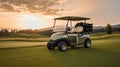 A Golf car, Golf cart car in fairway of golf course with fresh green grass field and cloud sky and tree at sunset. Generative Ai Royalty Free Stock Photo