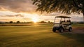 A Golf car, Golf cart car in fairway of golf course with fresh green grass field and cloud sky and tree at sunset. Generative Ai Royalty Free Stock Photo