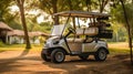 A Golf car, Golf cart or car on golf course. Equipment and bag are put in ready for golfer to player in field. Generative Ai Royalty Free Stock Photo