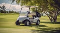 A Golf car, Golf cart or car on golf course. Equipment and bag are put in ready for golfer to player in field. Generative Ai Royalty Free Stock Photo