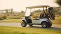 A Golf car, Golf cart or car on golf course. Equipment and bag are put in ready for golfer to player in field. Generative Ai Royalty Free Stock Photo