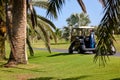 Golf car parked with bag and golf clubs at the edge of the fairway Royalty Free Stock Photo