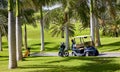 Golf car parked with bag and golf clubs near the fairway of a golf course Royalty Free Stock Photo