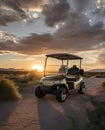 golf cart backlit by setting sun on 18th hole of course Royalty Free Stock Photo