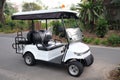 A golf cart car parked at a road in a garden golf course Royalty Free Stock Photo