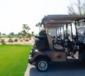 Golf cart on a golf closure. Golf carts and palm tree on blue Royalty Free Stock Photo