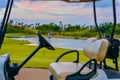 Golf cart on a golf course. Green field and cloudy blue sky. Spring landscape with grass and trees. Royalty Free Stock Photo