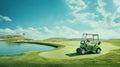 Golf cart on golf course with green grass field with blue sky and trees Royalty Free Stock Photo