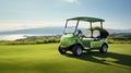 Golf cart on golf course with green grass field with blue sky and trees Royalty Free Stock Photo