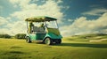 Golf cart on golf course with green grass field with blue sky and trees Royalty Free Stock Photo