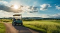 Vibrant Golf Cart Journey Through Lush Fields And Majestic Skies
