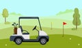 Golf cart on green field with grass, trees and flags Royalty Free Stock Photo