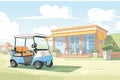 golf cart parked beside a clubhouse