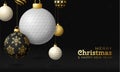 Golf Christmas card. Merry Christmas sport greeting card. Hang on a thread golf ball as a xmas ball and golden bauble on black Royalty Free Stock Photo