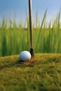 golf club and ball close-up on green grass with hole in background Royalty Free Stock Photo
