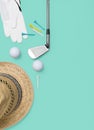 Golf club, golf ball, golf glove and tees on background in turquoise Royalty Free Stock Photo