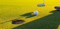 Golf club and ball in grass at the Golf course. White Golf ball on Green field golf course in morning time with sun light Royalty Free Stock Photo