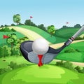 Golf club and ball on green golf course, vector illustration. Summer landscape cartoon background Royalty Free Stock Photo