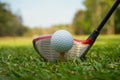 Golf club and ball on green grass ready to be struck on golf course background, Lens flare on sun set evening time. Golf ball on Royalty Free Stock Photo