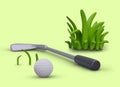 Golf club and ball, green grass on yellow background. Realistic scene, modern sport Royalty Free Stock Photo