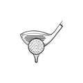 Golf club and ball on tee hand drawn outline doodle icon. Royalty Free Stock Photo