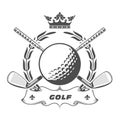 Golf club emblem, crossed golf clubs and ball, laurel wreath and banner, award Royalty Free Stock Photo