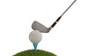 Golf club with golf ball on tee isolated on white background. 3D illustration. Royalty Free Stock Photo