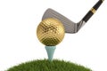 Golf club with golf ball on tee isolated on white background. 3D illustration. Royalty Free Stock Photo